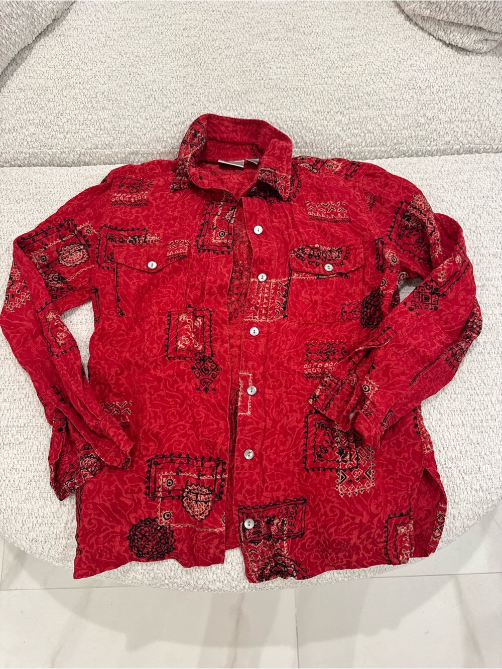 Chico’s Linen Silk Blend Patterned Button Down Long Sleeve Top